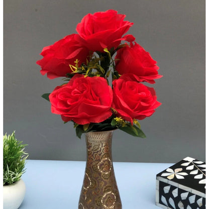 Roneclick Artificial Flowers Bunch Bouquet Of 5 Roses For Home Decoration (Red, Material:Silk, Polyester)