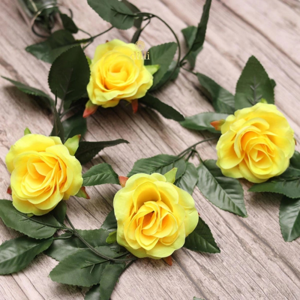 Roneclick Artificial Rose Vine Flowers With Green Leaves For Home Party Garden Wall Decoration (Yellow, Material:Silk, Polyester)