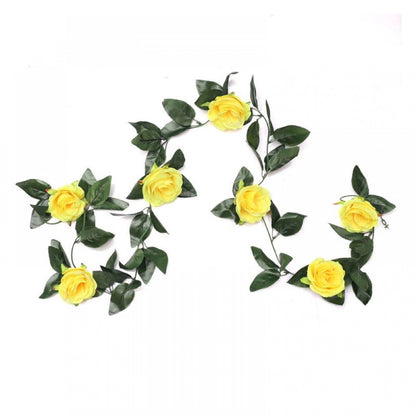 Roneclick Artificial Rose Vine Flowers With Green Leaves For Home Party Garden Wall Decoration (Yellow, Material:Silk, Polyester)