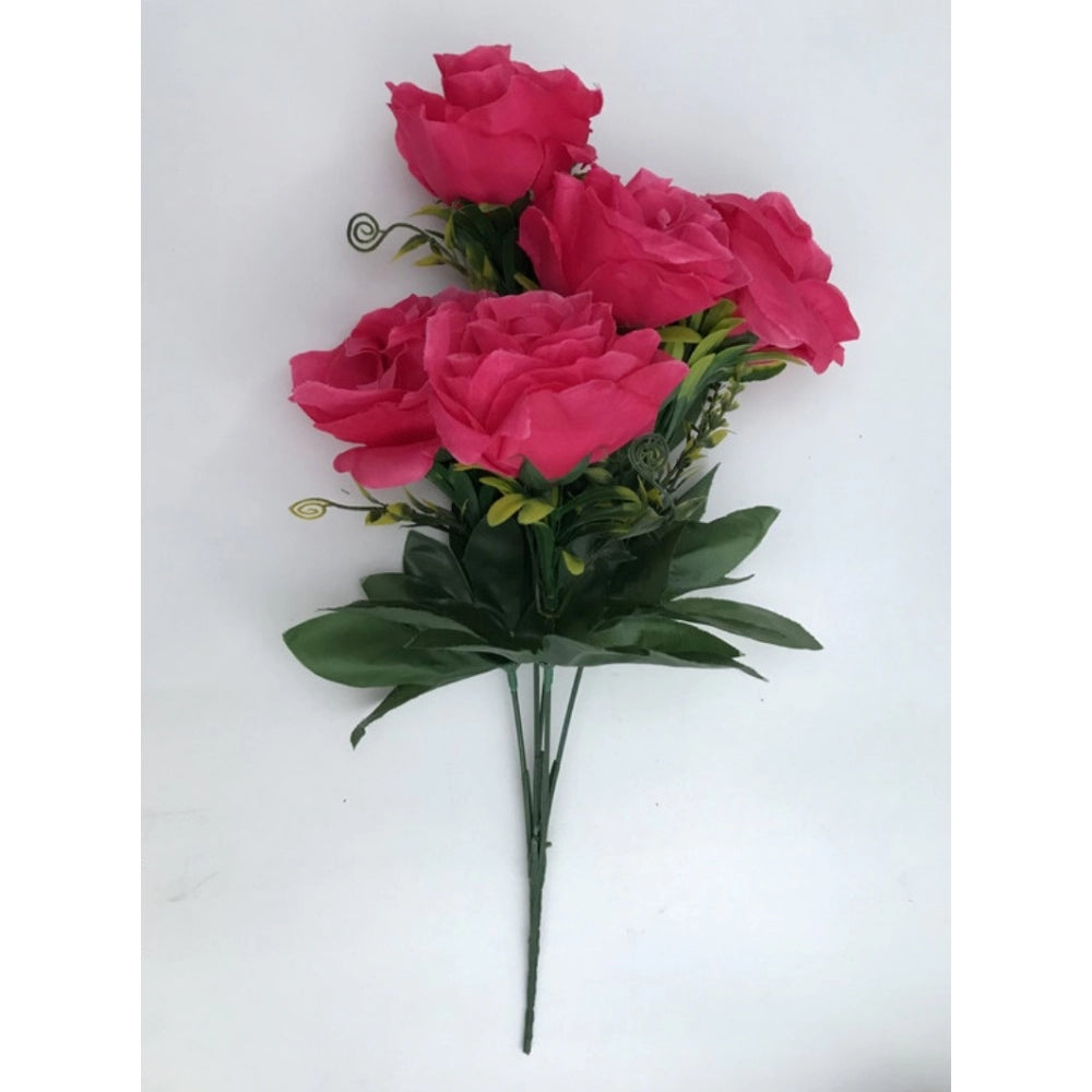 Roneclick Artificial Flowers Bunch Bouquet Of 5 Roses For Home Decoration (Dark Pink, Material:Silk, Polyester)