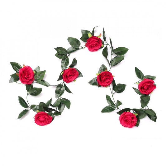 Roneclick Artificial Rose Vine Flowers With Green Leaves For Home Party Garden Wall Decoration (Rani Pink, Material:Silk, Polyester)