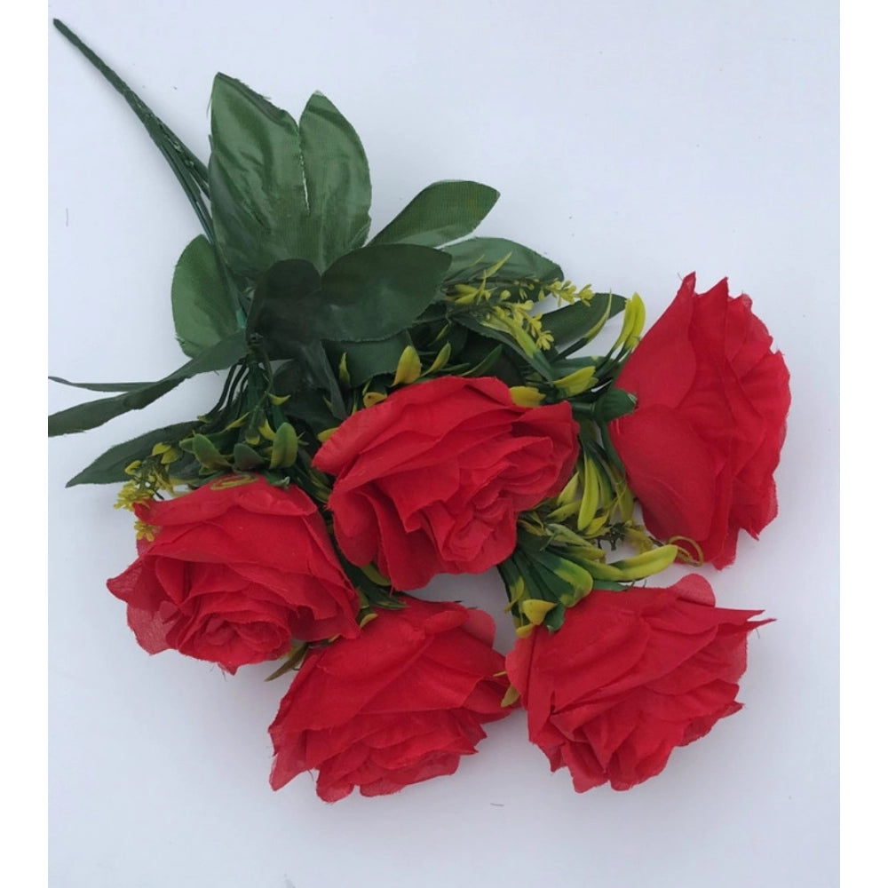 Roneclick Artificial Flowers Bunch Bouquet Of 5 Roses For Home Decoration (Red, Material:Silk, Polyester)