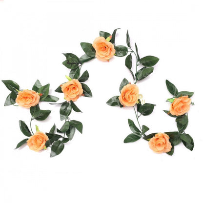 Roneclick Artificial Rose Vine Flowers With Green Leaves For Home Party Garden Wall Decoration (Peach, Material:Silk, Polyester)