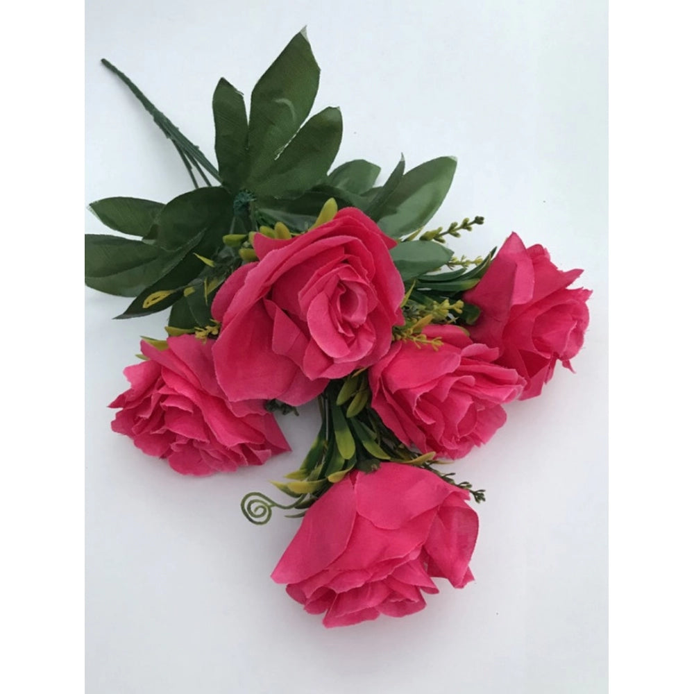 Roneclick Artificial Flowers Bunch Bouquet Of 5 Roses For Home Decoration (Dark Pink, Material:Silk, Polyester)