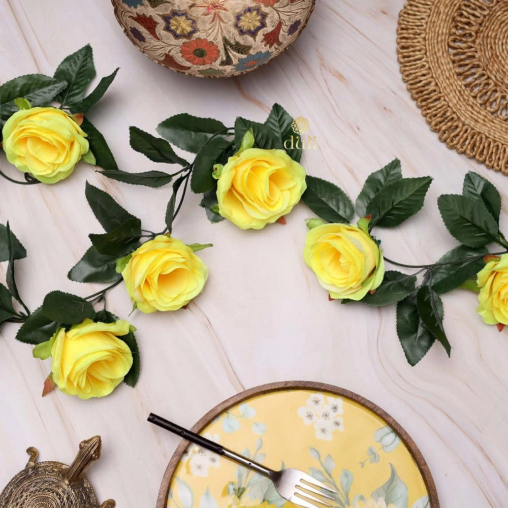 Roneclick Artificial Rose Vine Flowers With Green Leaves For Home Party Garden Wall Decoration (Yellow, Material:Silk, Polyester)