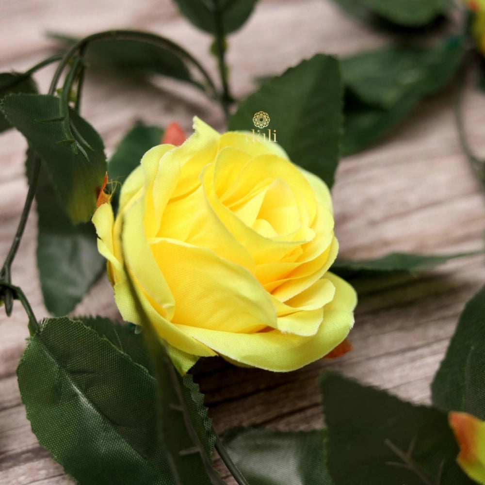 Roneclick Artificial Rose Vine Flowers With Green Leaves For Home Party Garden Wall Decoration (Yellow, Material:Silk, Polyester)