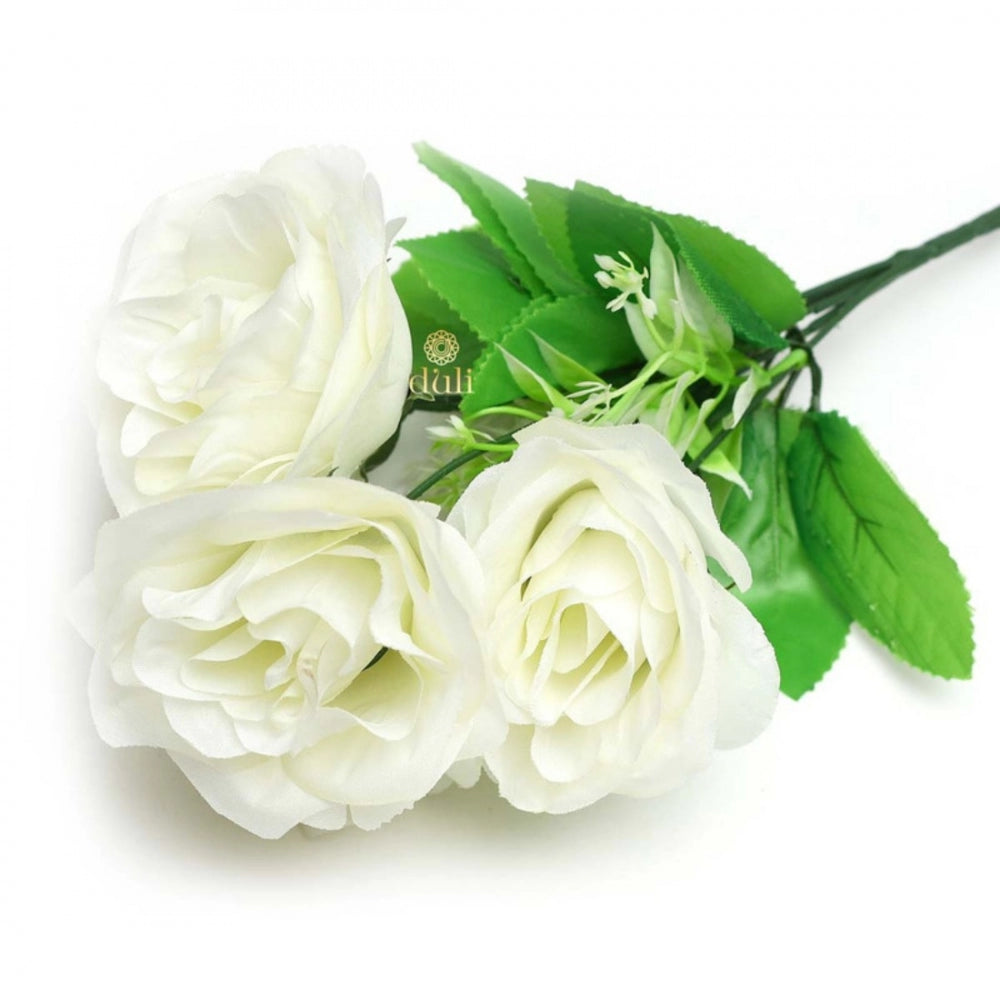 Roneclick Artificial Flowers Bunch Bouquet Of 5 Roses For Home Decoration (White, Material:Silk, Polyester)