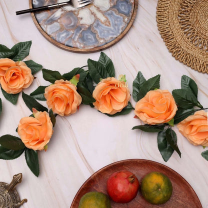 Roneclick Artificial Rose Vine Flowers With Green Leaves For Home Party Garden Wall Decoration (Peach, Material:Silk, Polyester)