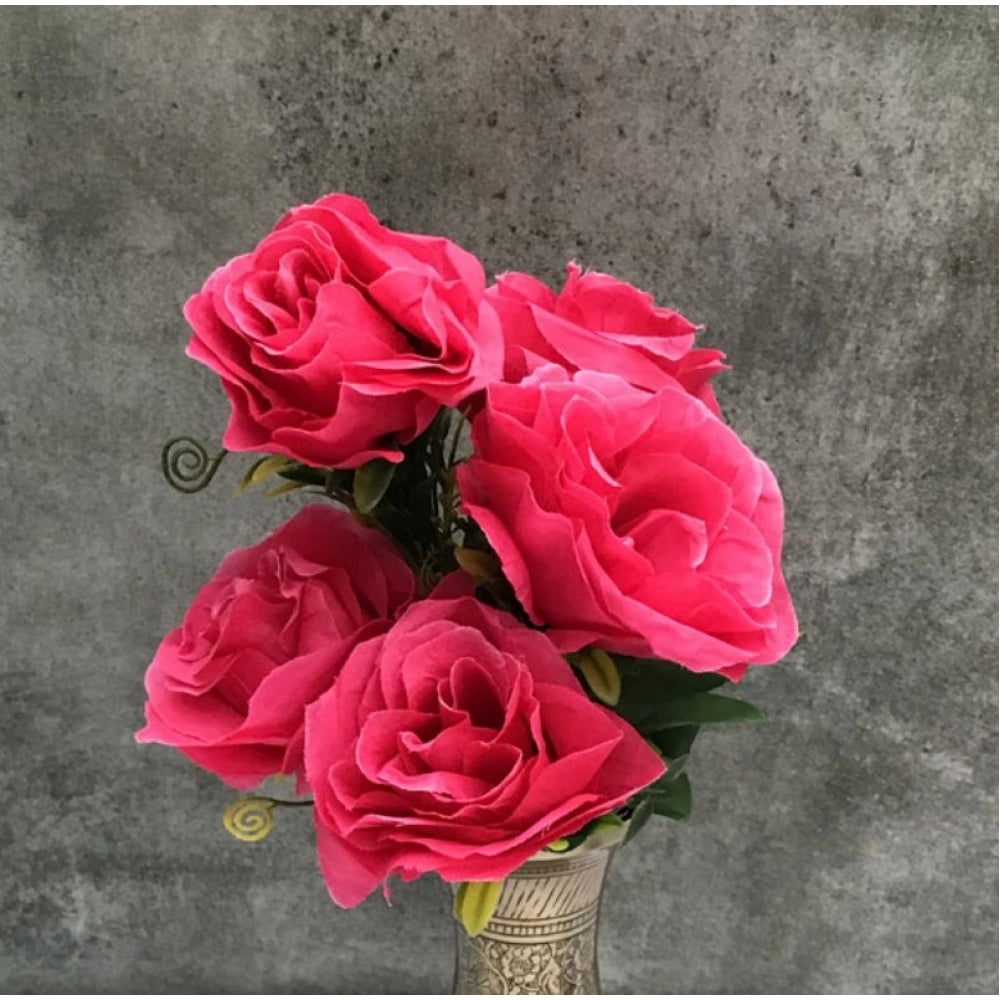 Roneclick Artificial Flowers Bunch Bouquet Of 5 Roses For Home Decoration (Dark Pink, Material:Silk, Polyester)