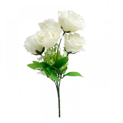 Roneclick Artificial Flowers Bunch Bouquet Of 5 Roses For Home Decoration (White, Material:Silk, Polyester)