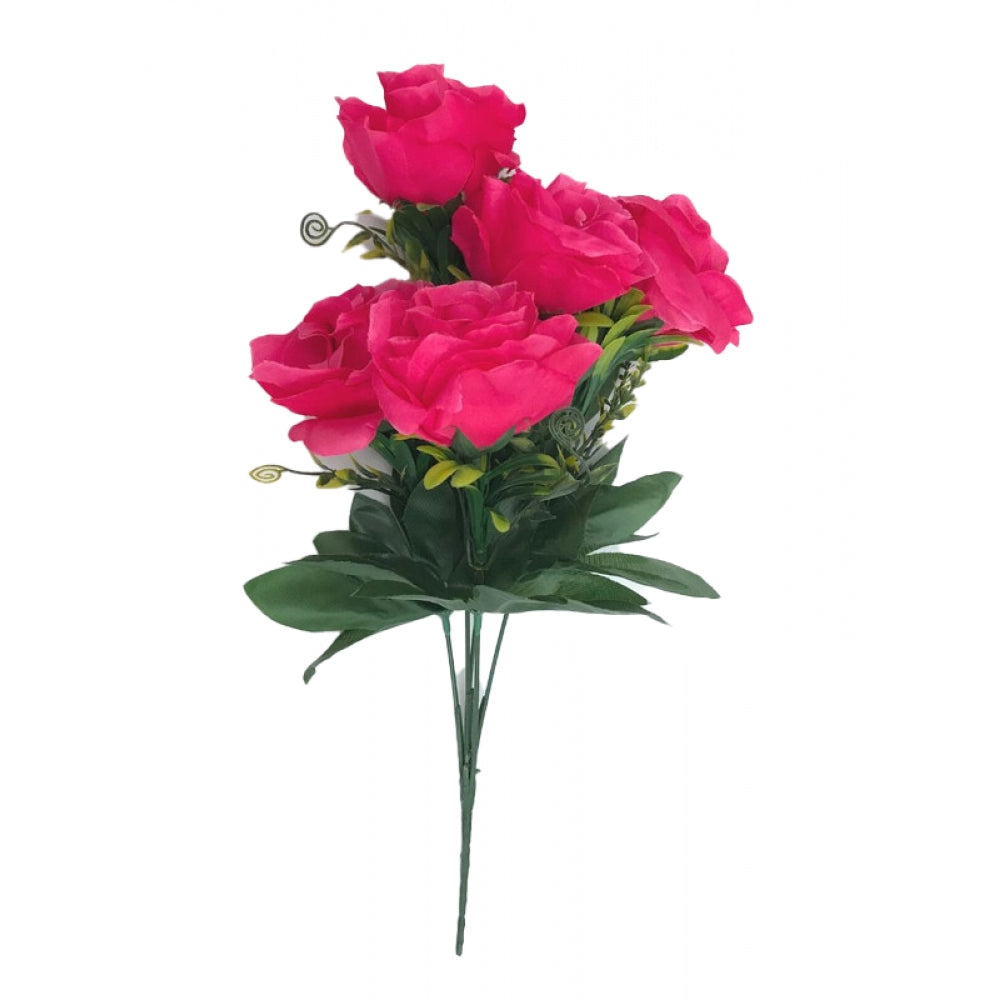 Roneclick Artificial Flowers Bunch Bouquet Of 5 Roses For Home Decoration (Dark Pink, Material:Silk, Polyester)