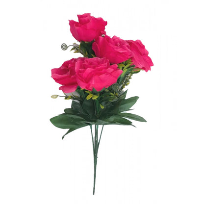 Roneclick Artificial Flowers Bunch Bouquet Of 5 Roses For Home Decoration (Dark Pink, Material:Silk, Polyester)