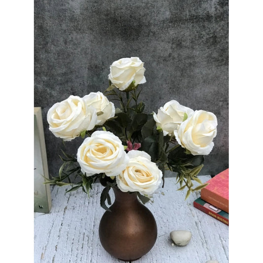 Roneclick Artificial Flowers Bunch Bouquet Of 5 Vintage Garden Roses For Home Decoration (White, Material:Silk, Polyester)