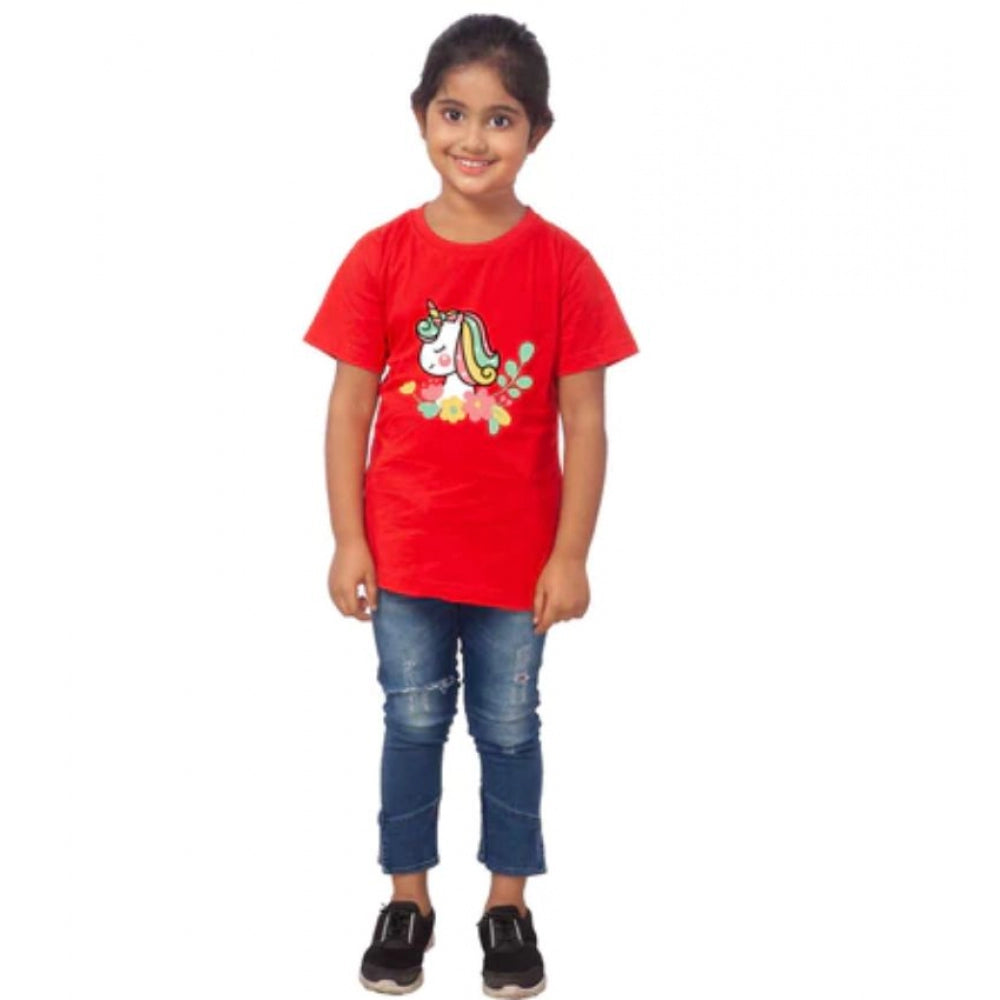 Roneclick Girls Cotton Unicorn Face Half Sleeve TShirt (Red)