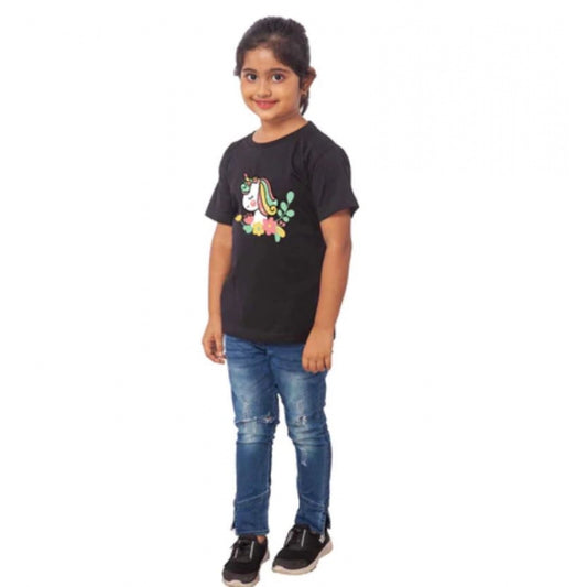 Roneclick Girls Cotton Unicorn Face Half Sleeve TShirt (Black)