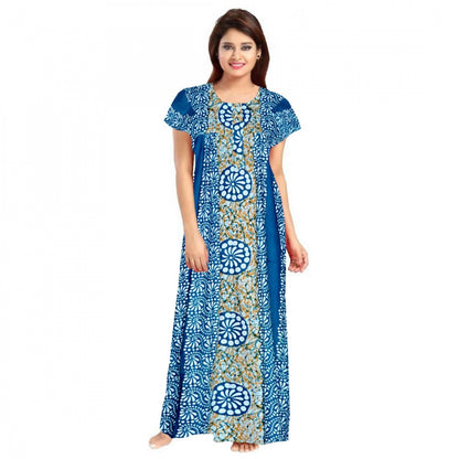 Roneclick Women's Cotton Printed Maxi Nighty (Blue)