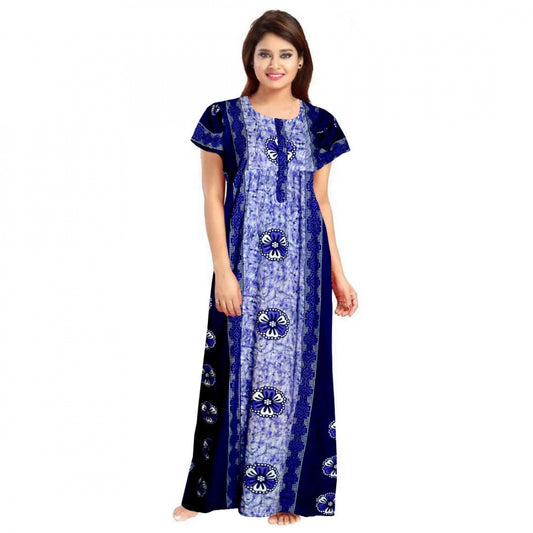 Roneclick Women's Cotton Printed Maxi Nighty (Blue)