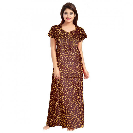 Roneclick Women's Cotton Printed Maxi Nighty (Brown)