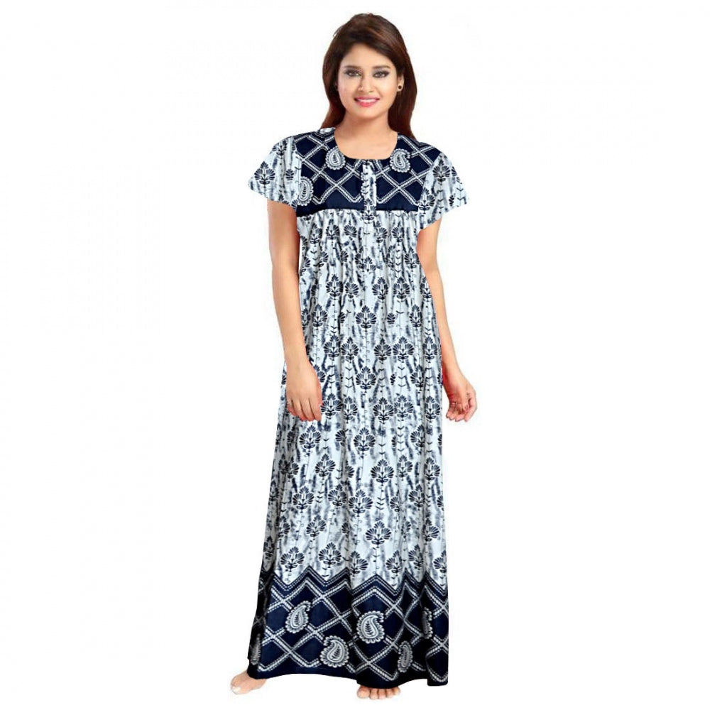 Roneclick Women's Cotton Printed Maxi Nighty (Navy Blue)