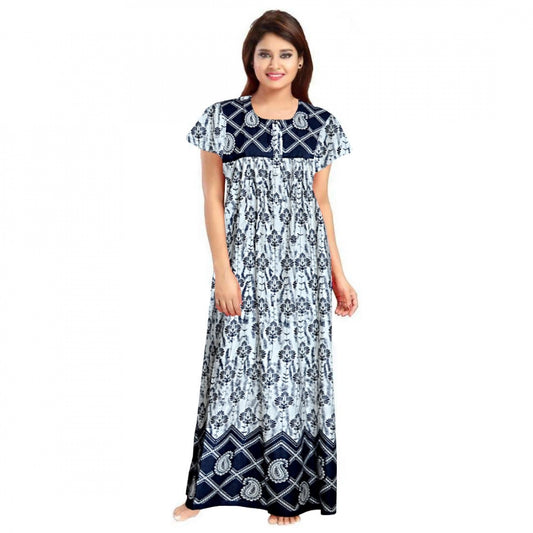 Roneclick Women's Cotton Printed Maxi Nighty (Navy Blue)