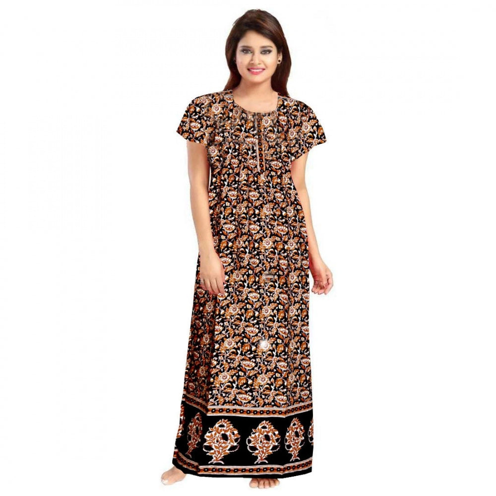 Roneclick Women's Cotton Printed Maxi Nighty (Brown)