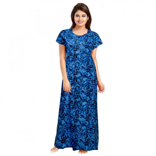 Roneclick Women's Cotton Printed Maxi Nighty (Blue)