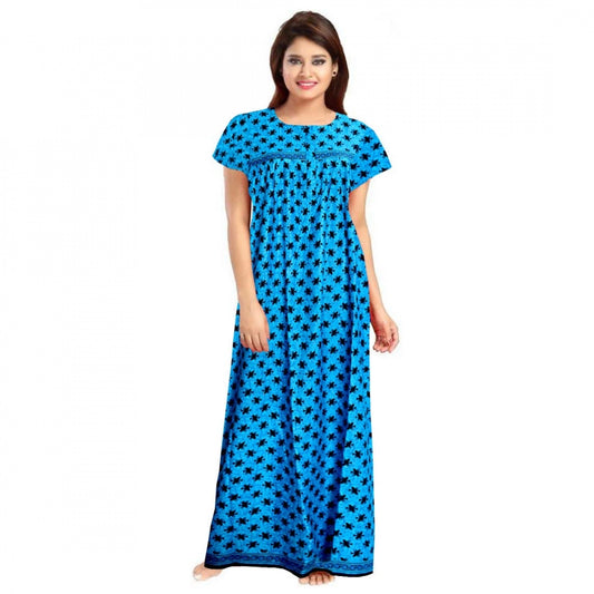 Roneclick Women's Cotton Printed Maxi Nighty (Aqua Blue)