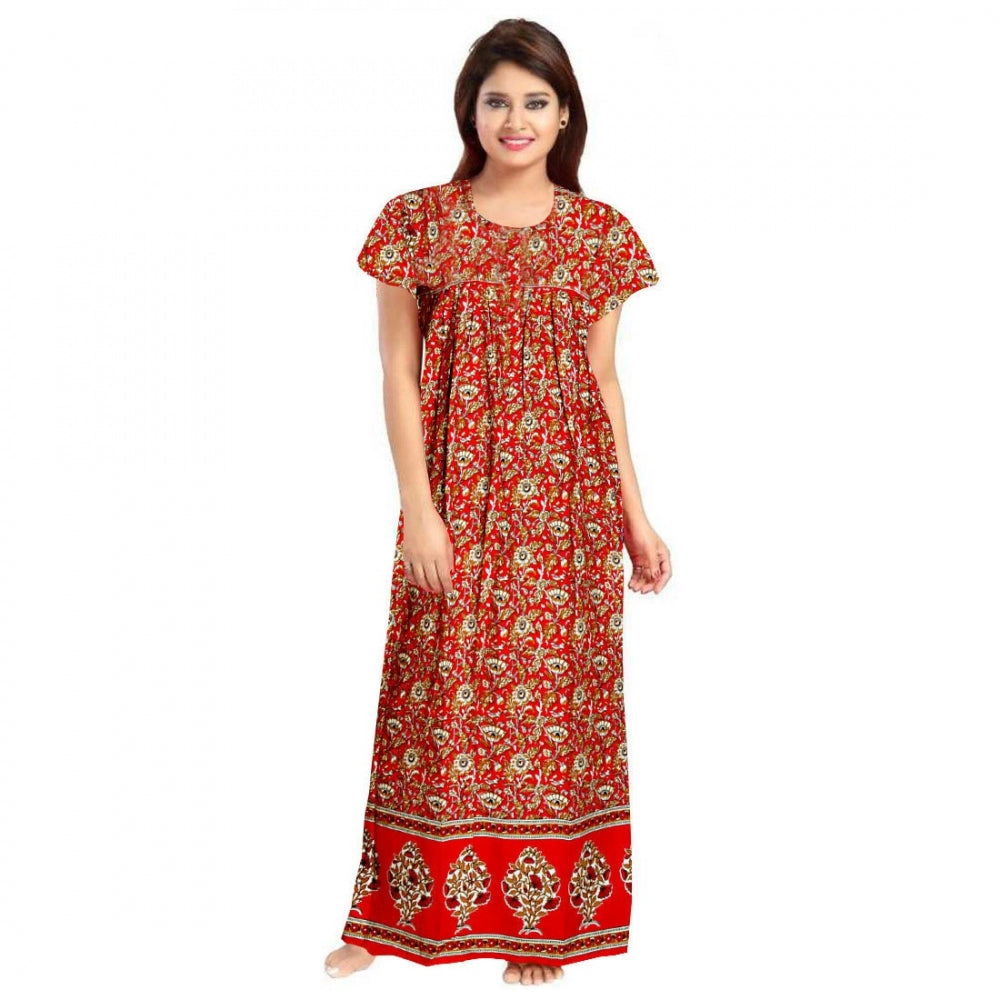 Roneclick Women's Cotton Printed Maxi Nighty (Red)