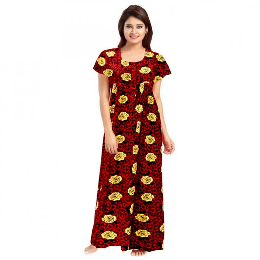 Roneclick Women's Cotton Printed Maxi Nighty (Maroon)