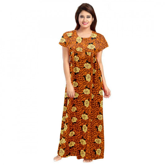 Roneclick Women's Cotton Printed Maxi Nighty (Mustard)