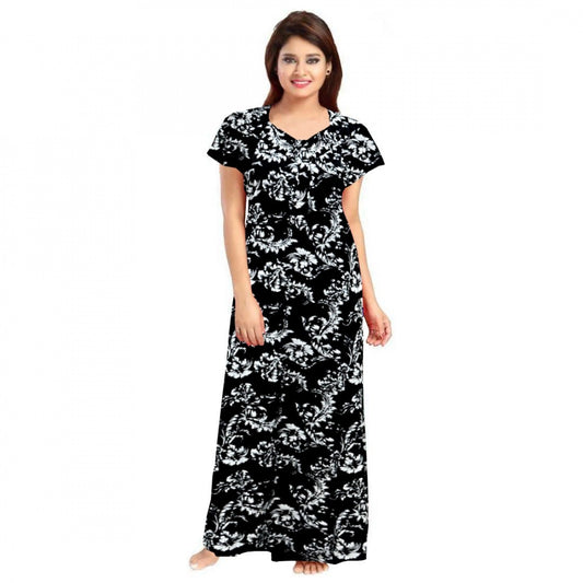 Roneclick Women's Cotton Printed Maxi Nighty (Black)