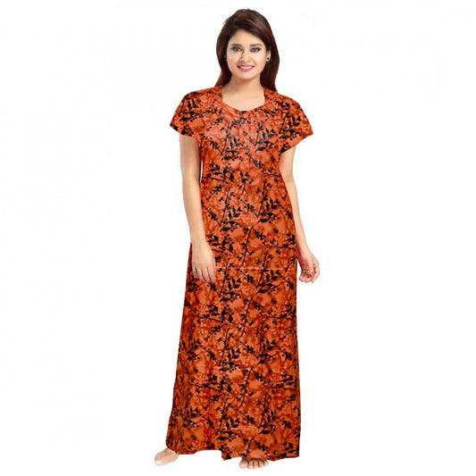 Roneclick Women's Cotton Printed Maxi Nighty (Orange)