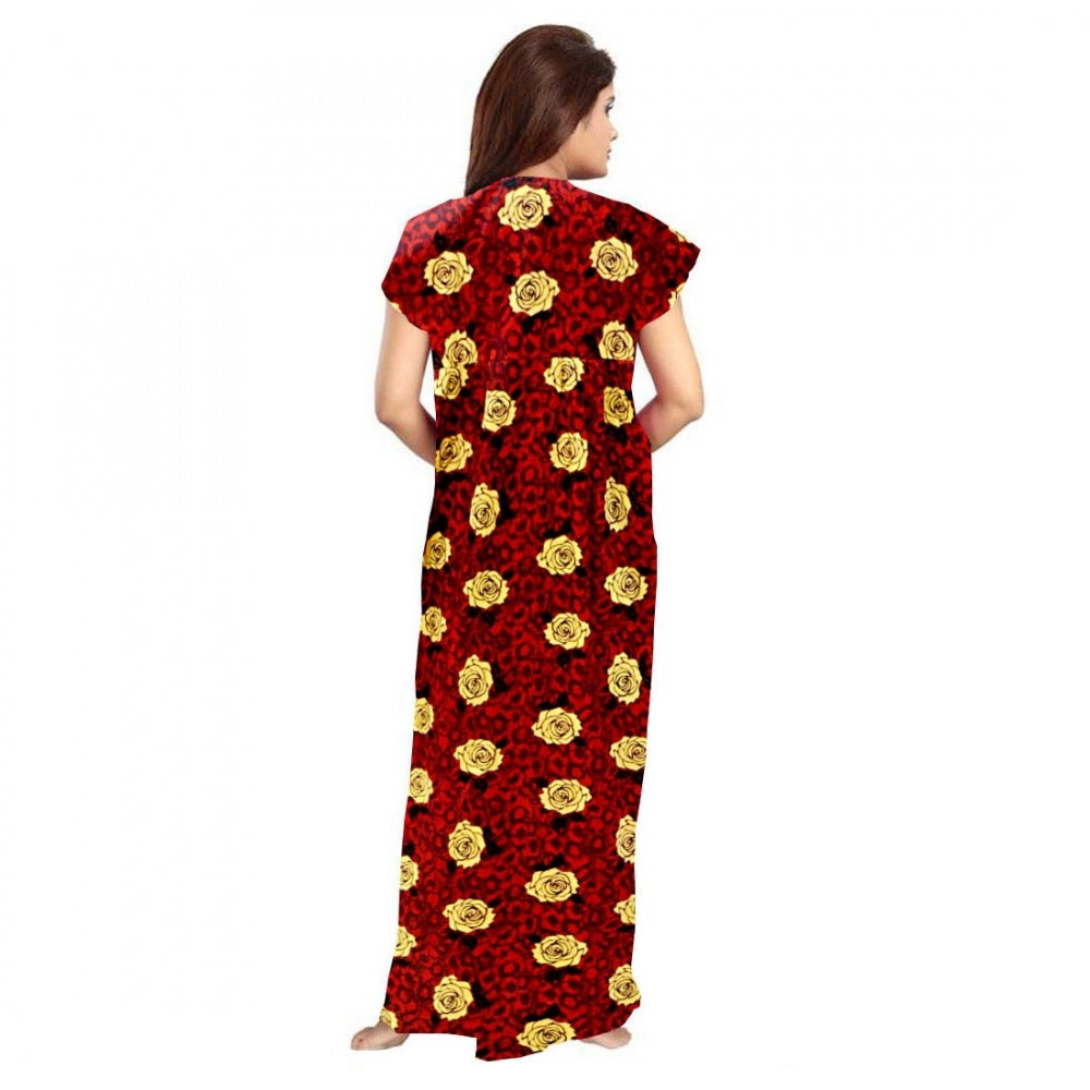 Roneclick Women's Cotton Printed Maxi Nighty (Maroon)