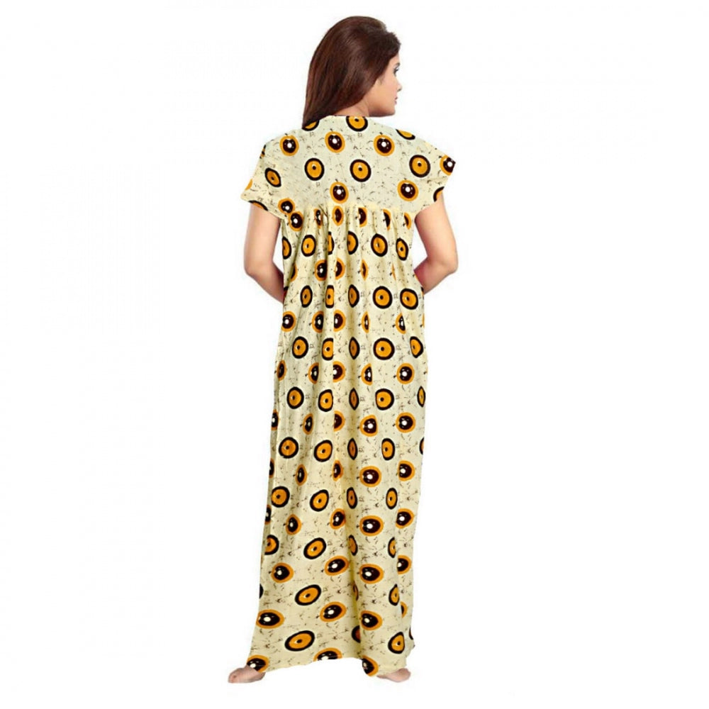 Roneclick Women's Cotton Printed Maxi Nighty (Off White)