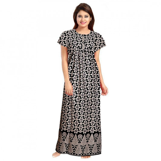 Roneclick Women's Cotton Printed Maxi Nighty (Black)