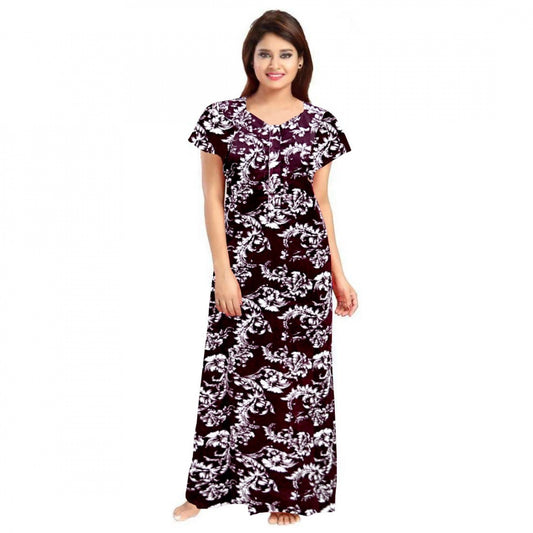 Roneclick Women's Cotton Printed Maxi Nighty (Wine)