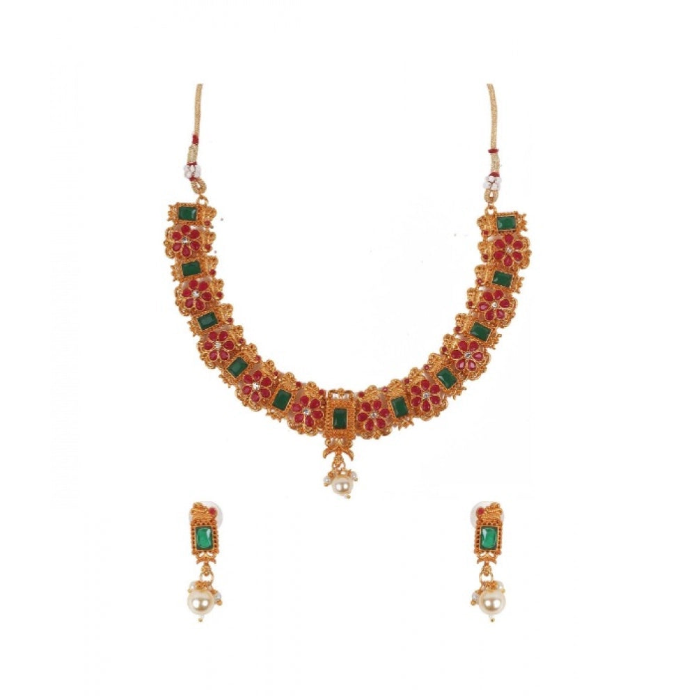 Roneclick Women's Elegent Brass Chain Necklace Set (Red And Green, Free Size)