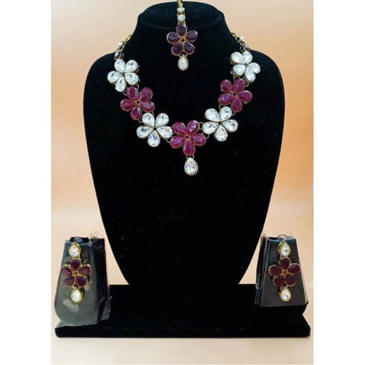 Roneclick Women's Elegent Kundan And Stone Necklace Set (Red, Free Size)