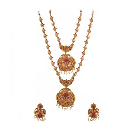 Roneclick Women's Elegent And Modern Double Line Temple Jewellery Set (Red, Free Size)