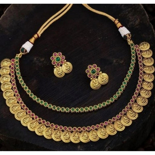 Roneclick Women's Ethnic Double Line Laxmi Coin Jewellery Set (Red And Green, Free Size)