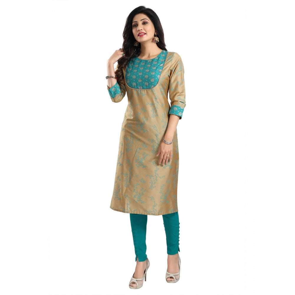 Roneclick Women's 3/4th Sleeve Silk Blend Tunic Long Kurti (Beige)