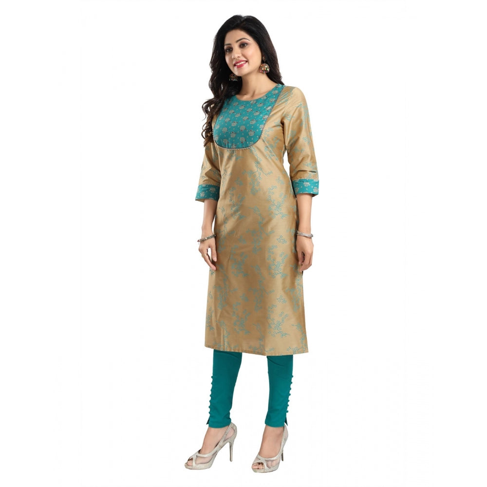 Roneclick Women's 3/4th Sleeve Silk Blend Tunic Long Kurti (Beige)