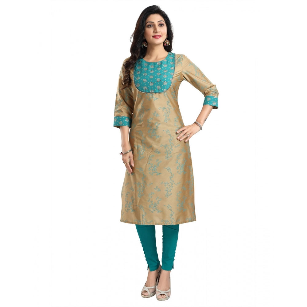 Roneclick Women's 3/4th Sleeve Silk Blend Tunic Long Kurti (Beige)