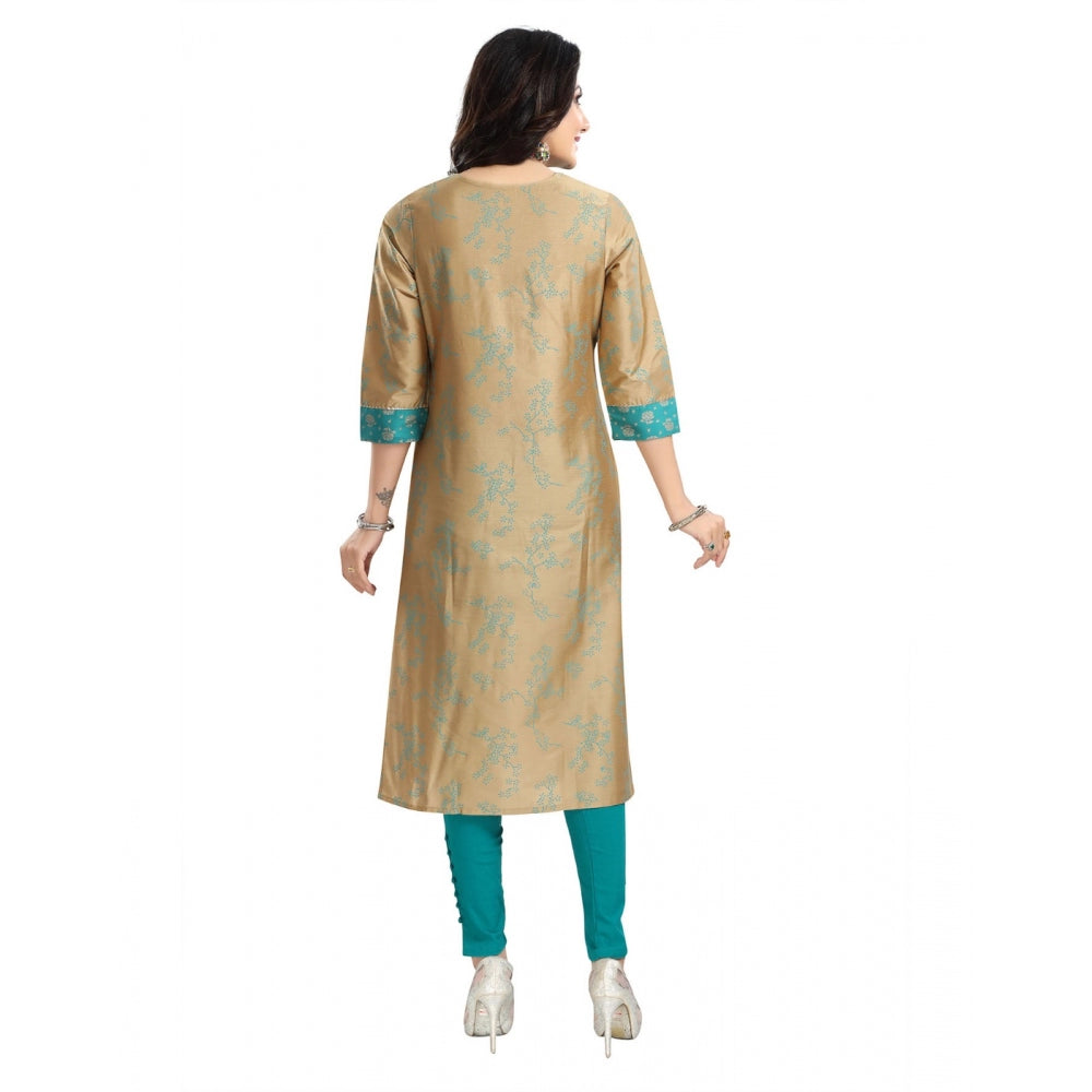 Roneclick Women's 3/4th Sleeve Silk Blend Tunic Long Kurti (Beige)