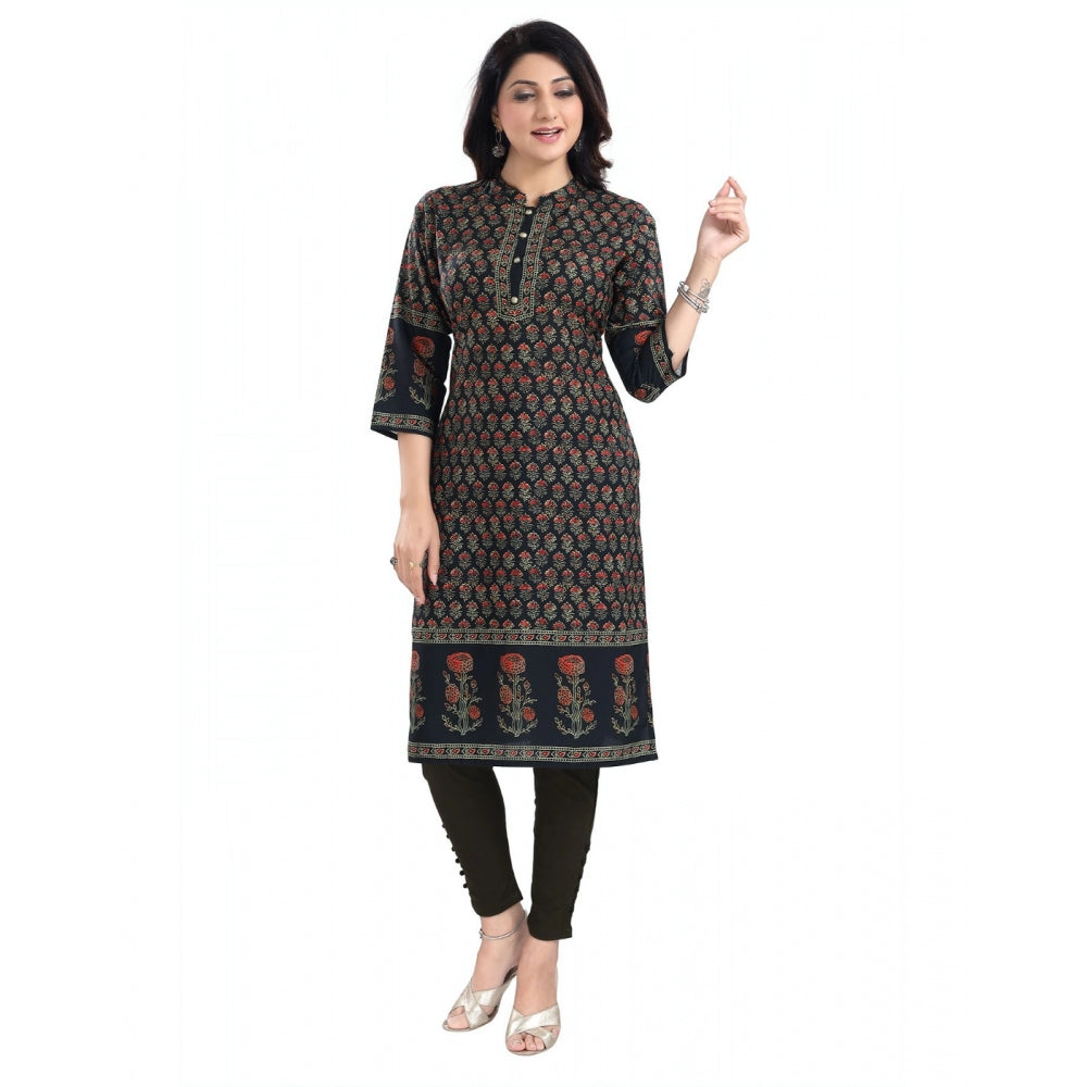 Roneclick Women's 3/4th Sleeve Cotton Blend Tunic Long Kurti (Black)