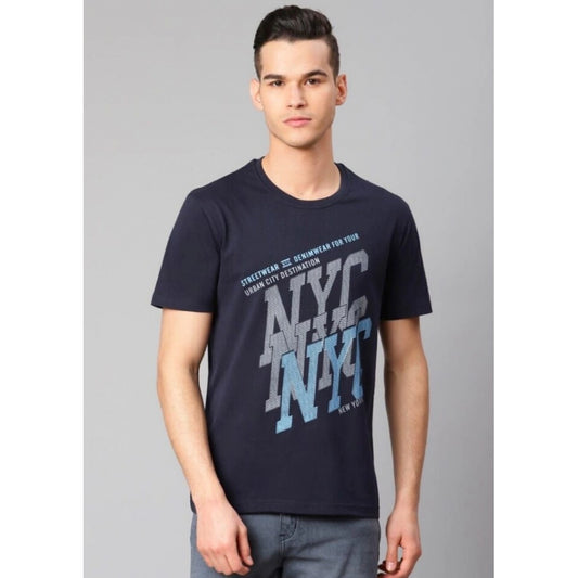 Roneclick Men's Half Sleeve Round Neck Cotton T Shirt (Navy Blue)