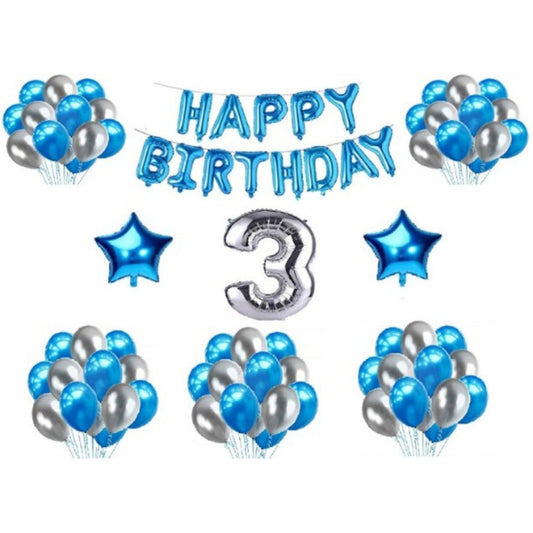 Roneclick 3Rd Happy Birthday Decoration Combo With Foil And Star Balloons (Blue, Silver)