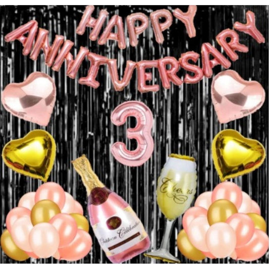 Roneclick 3Rd Anniversary Rose Gold Foil Balloons With Happy Decoration Items Set (Rose Gold)