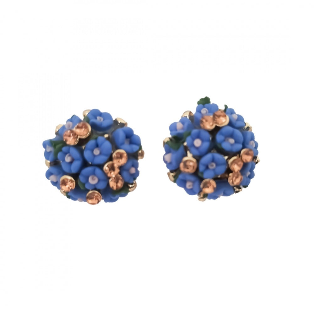 Roneclick Women's Metal White Ceramic And Stones Gold Plated Stud (Blue)