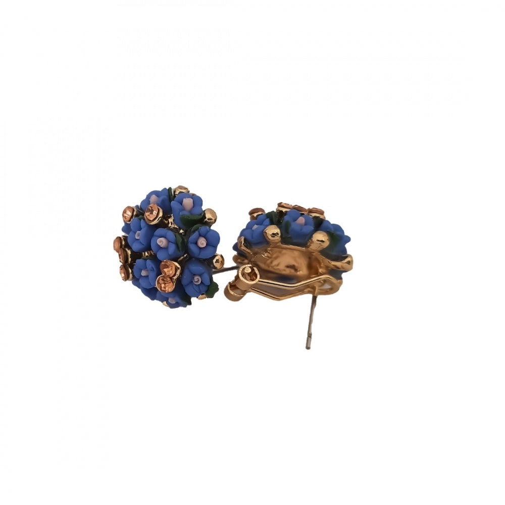 Roneclick Women's Metal White Ceramic And Stones Gold Plated Stud (Blue)